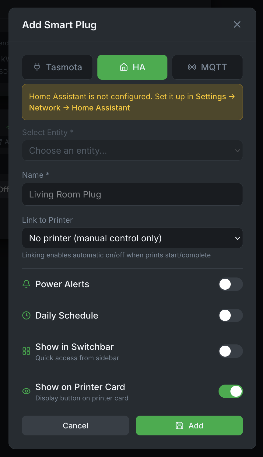 Bambuddy Smart Plugs - Home Assistant integration setup