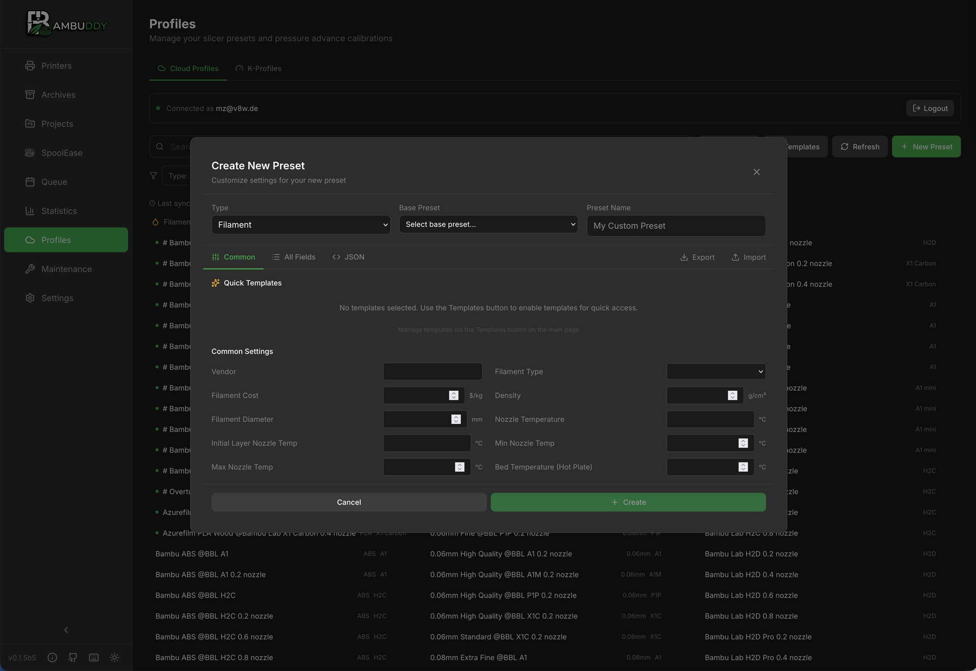 Bambuddy Cloud Profiles - Edit filament preset