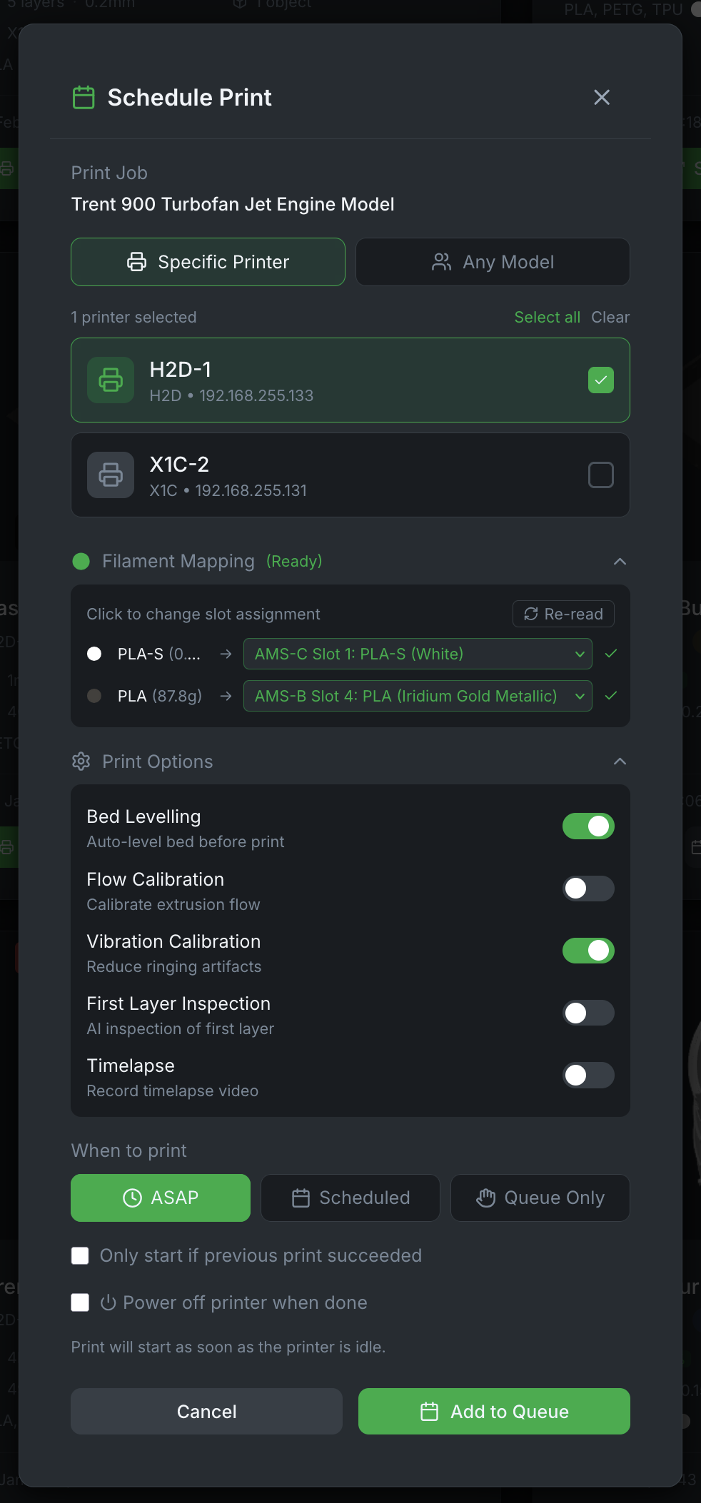 Bambuddy Schedule Print - Filament mapping and print options