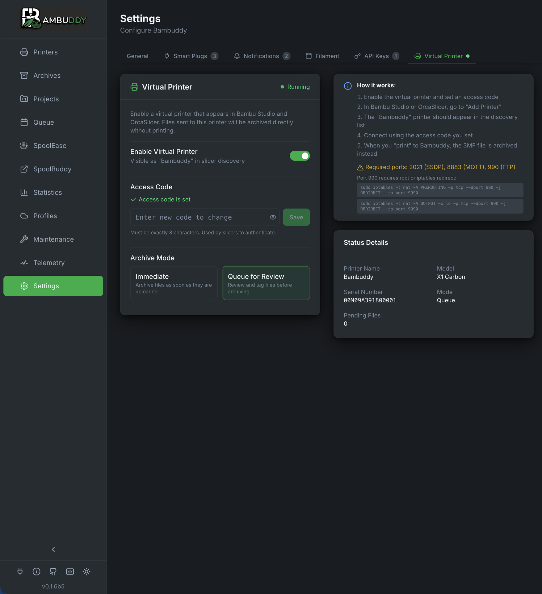 Bambuddy Virtual Printer - Direct slicer integration settings