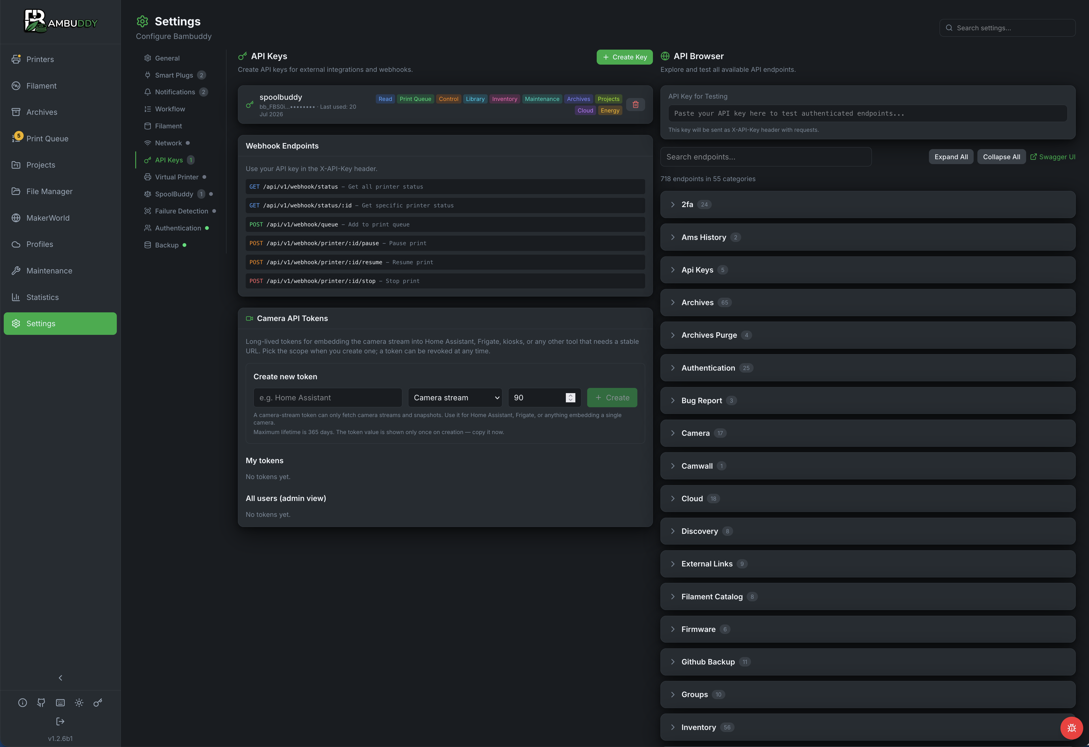 Bambuddy API Keys - Webhook endpoints and permissions