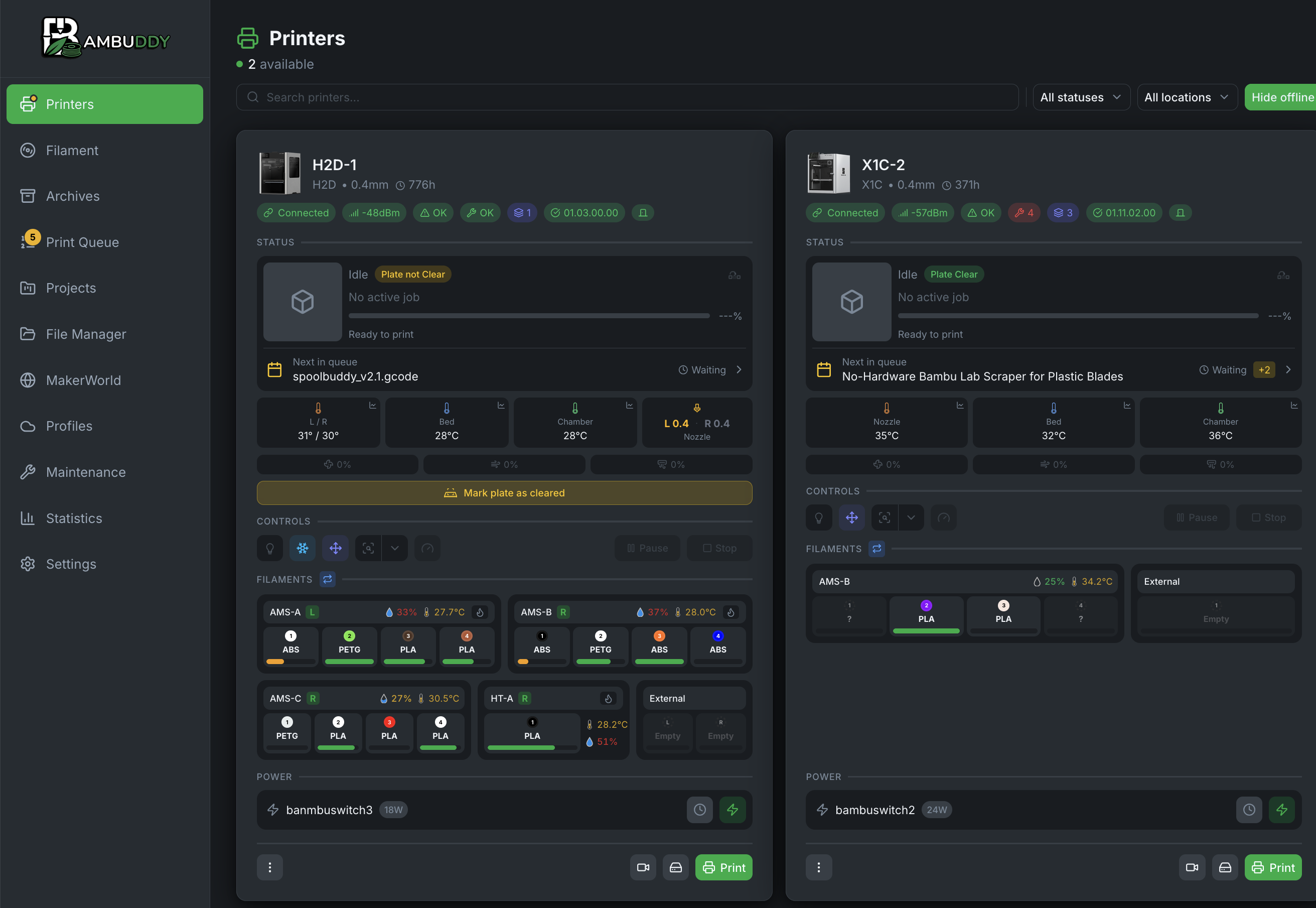 The Bambuddy printer dashboard: two connected machines showing status, next queued job, nozzle, bed and chamber temperatures, controls, AMS filament slots and smart-plug power state