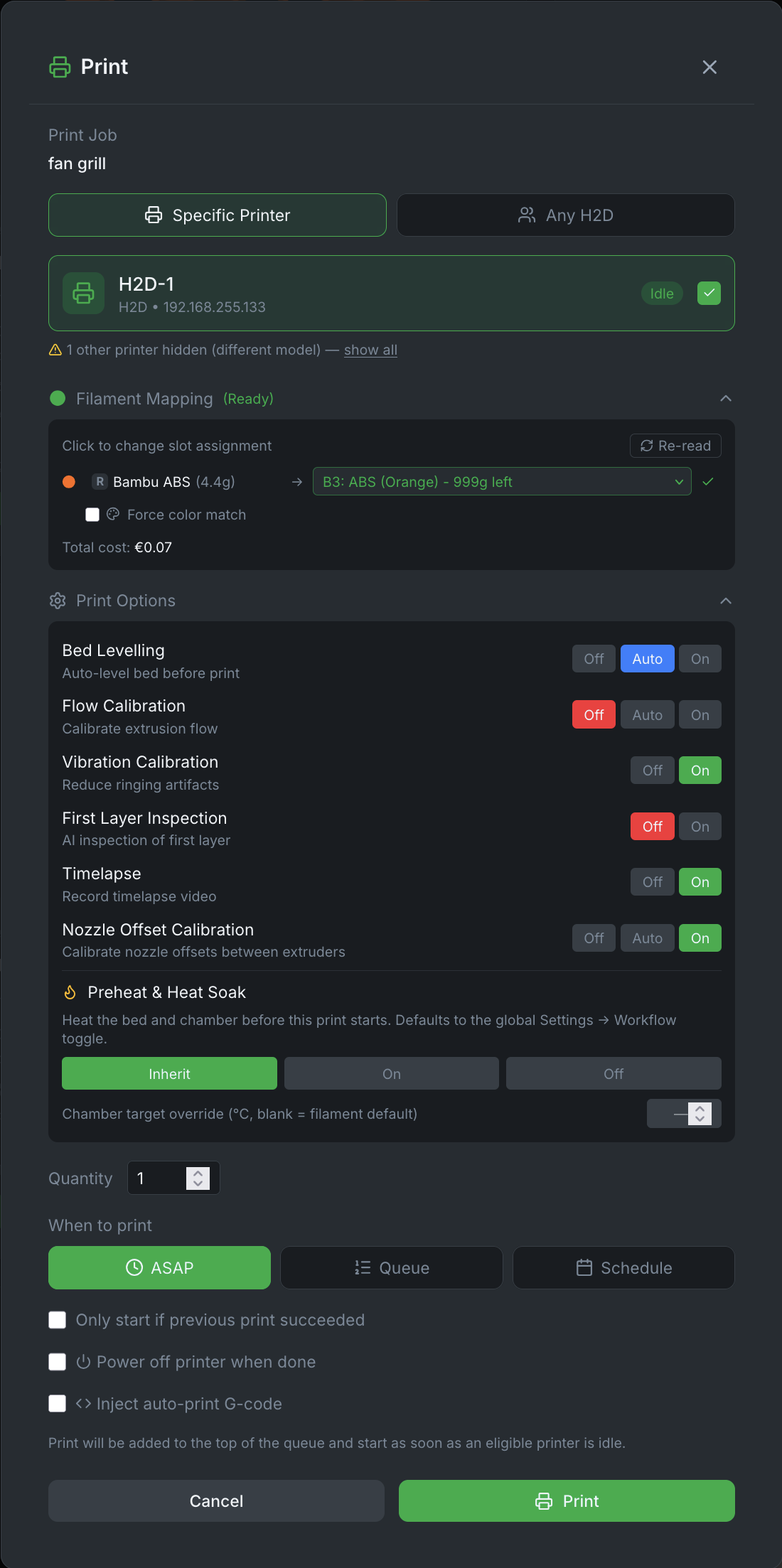 The print dialog: printer selection, filament mapping from the file to a real AMS slot with the cost of the print, per-print toggles for bed levelling, flow and vibration calibration, first layer inspection, timelapse and nozzle offset, plus scheduling options