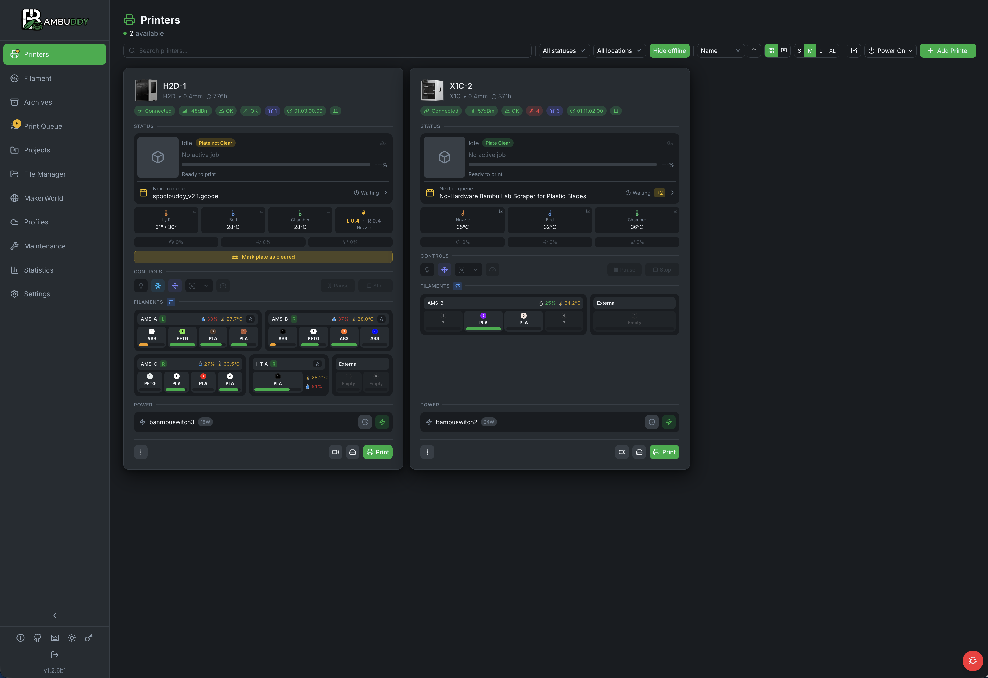 Bambuddy Printers Dashboard - Real-time monitoring of multiple printers