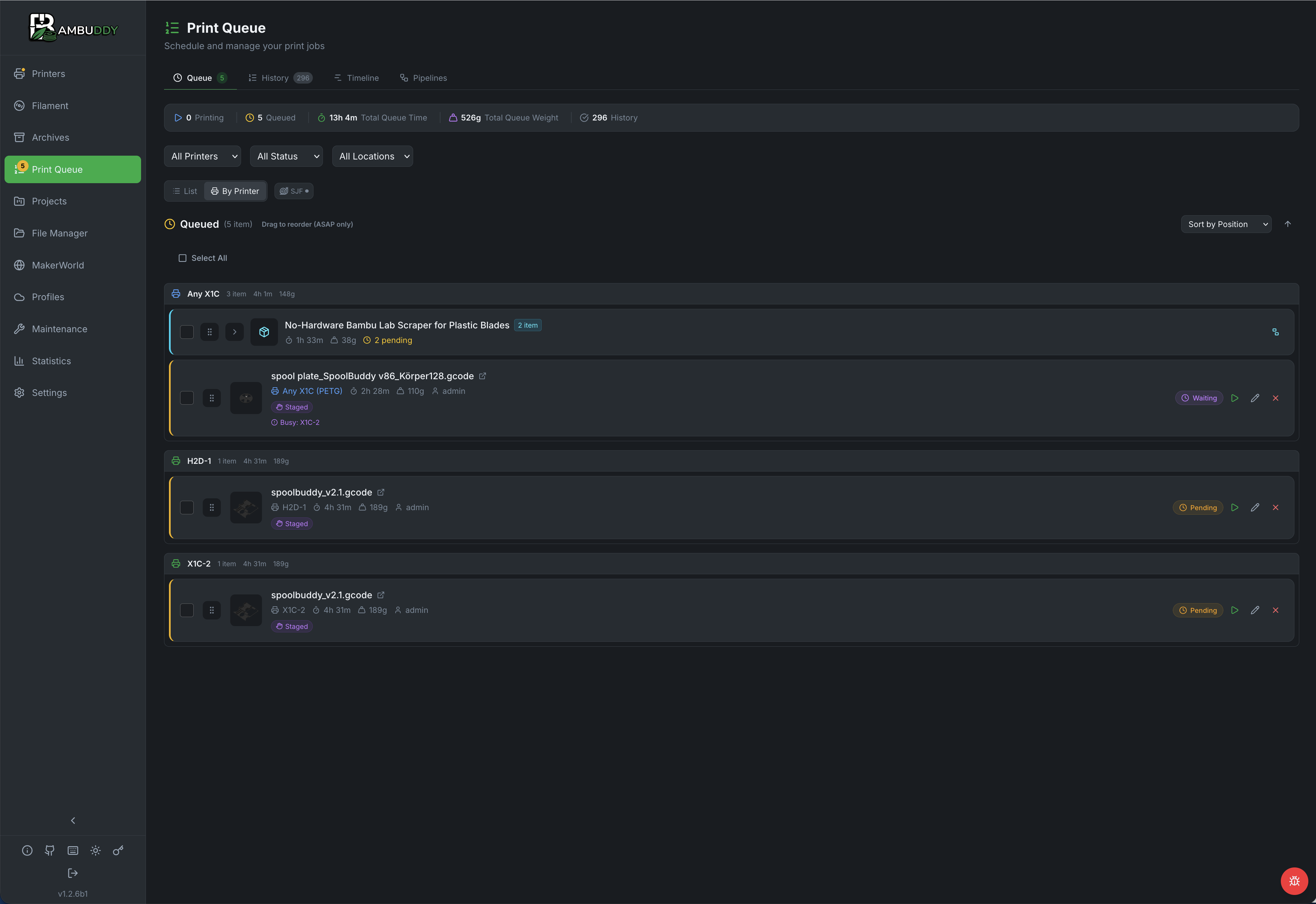 The print queue: counters for queued jobs, total queue time and total print weight, jobs grouped under Any X1C, H2D-1 and X1C-2, each with duration, weight and status